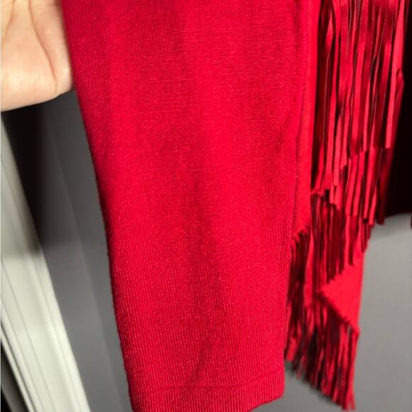 INC Red Faux Suede Open Front Cardigan With Fringe Size XS - Picture 4 of 6